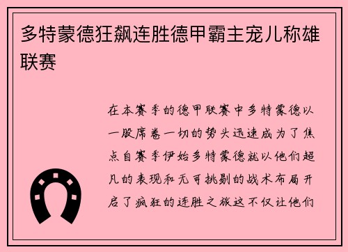多特蒙德狂飙连胜德甲霸主宠儿称雄联赛
