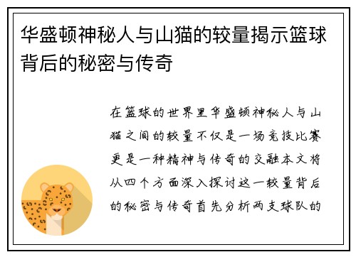 华盛顿神秘人与山猫的较量揭示篮球背后的秘密与传奇